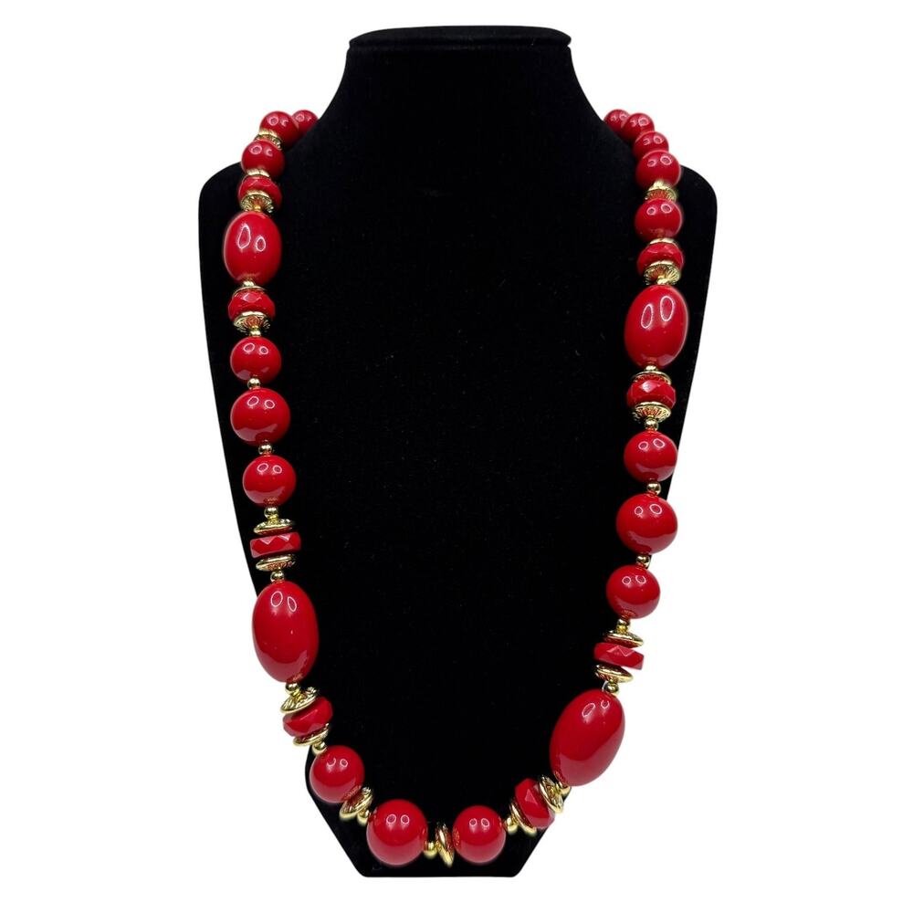 Chunky Bold Red Gold Tone Beaded Fashion Statement Necklace Fashion Jewelry 25"